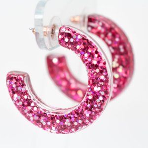 1.25" Clear Pink Glitter Lucite Hoop Earrings